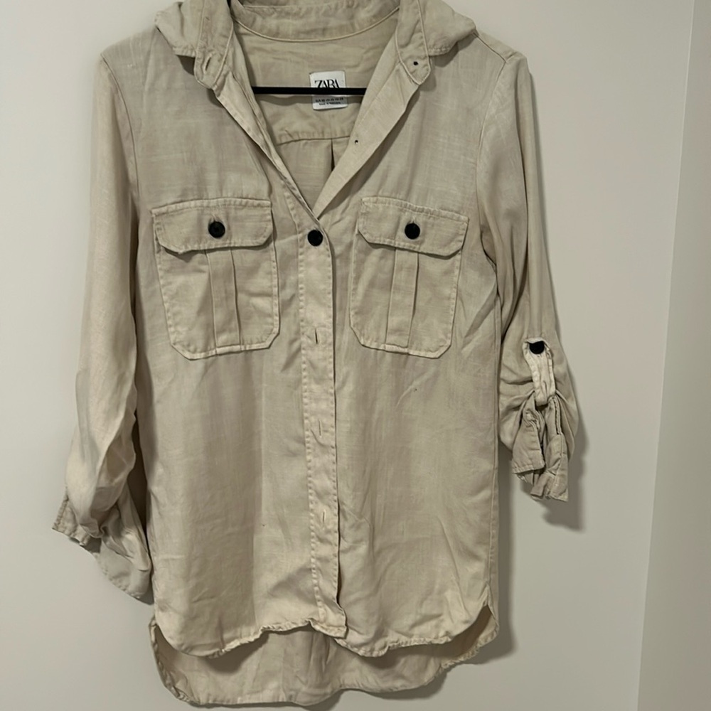 Zara Beige Tan Liocel Button Down Long Sleeve Fall Layer Shirt Size XS